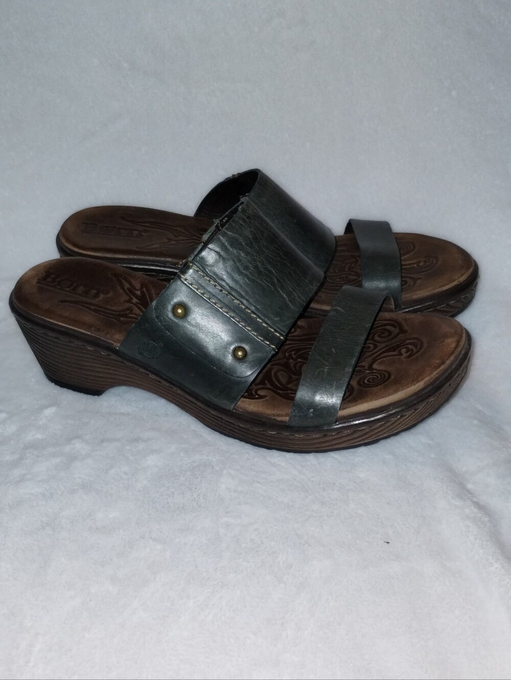Born Blue Leather Wedge Slide Sandals Women’s Comfort Embossed Footbed D19204